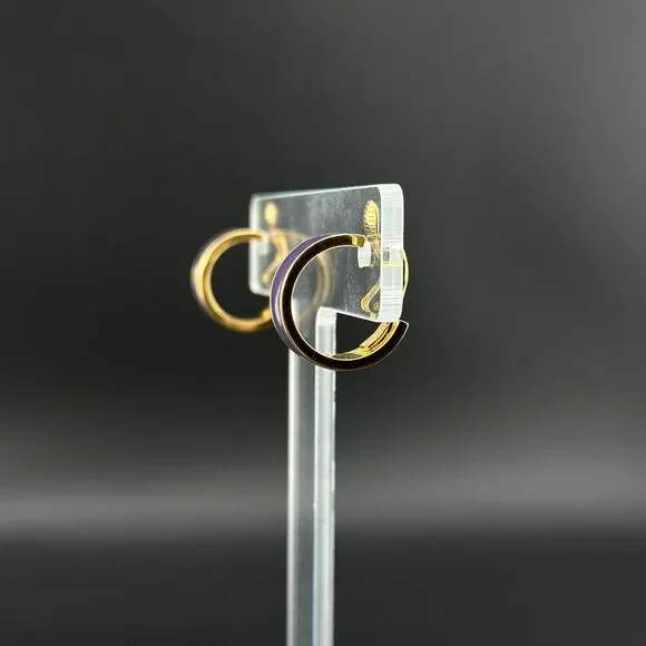 Vintage Sarah Coventry Gold Tone Purple Enamel Hoop Clip On Earrings 3/4" - Picture 4 of 11